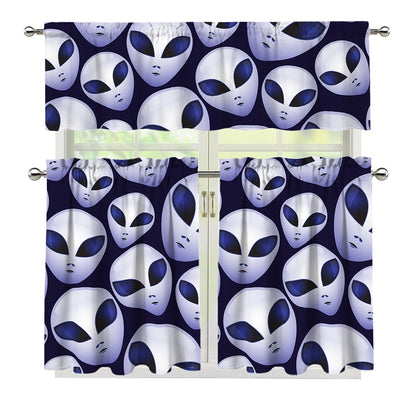 Grey Alien Face Pattern Print 3 Piece Kitchen Curtains