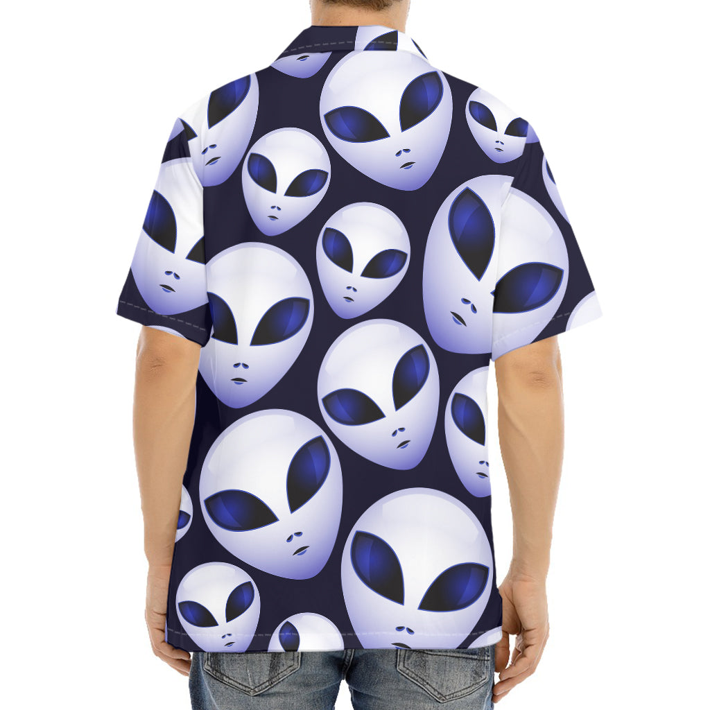 Grey Alien Face Pattern Print Aloha Shirt