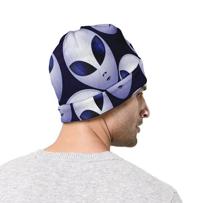 Grey Alien Face Pattern Print Beanie