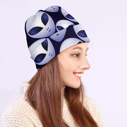 Grey Alien Face Pattern Print Beanie