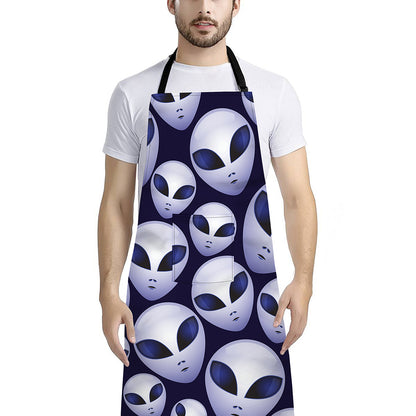 Grey Alien Face Pattern Print Bib Apron With Pocket