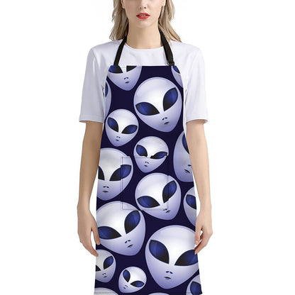Grey Alien Face Pattern Print Bib Apron With Pocket