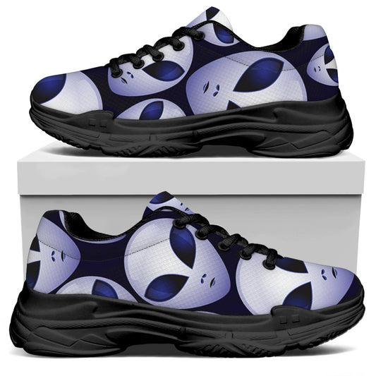 Grey Alien Face Pattern Print Black Chunky Shoes