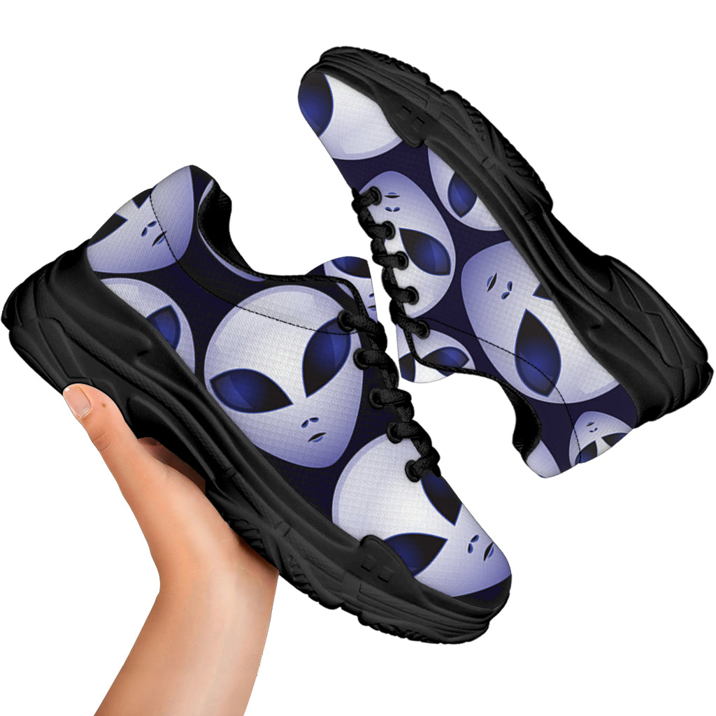 Grey Alien Face Pattern Print Black Chunky Shoes
