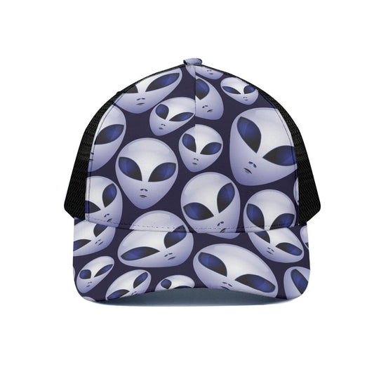 Grey Alien Face Pattern Print Black Mesh Trucker Cap