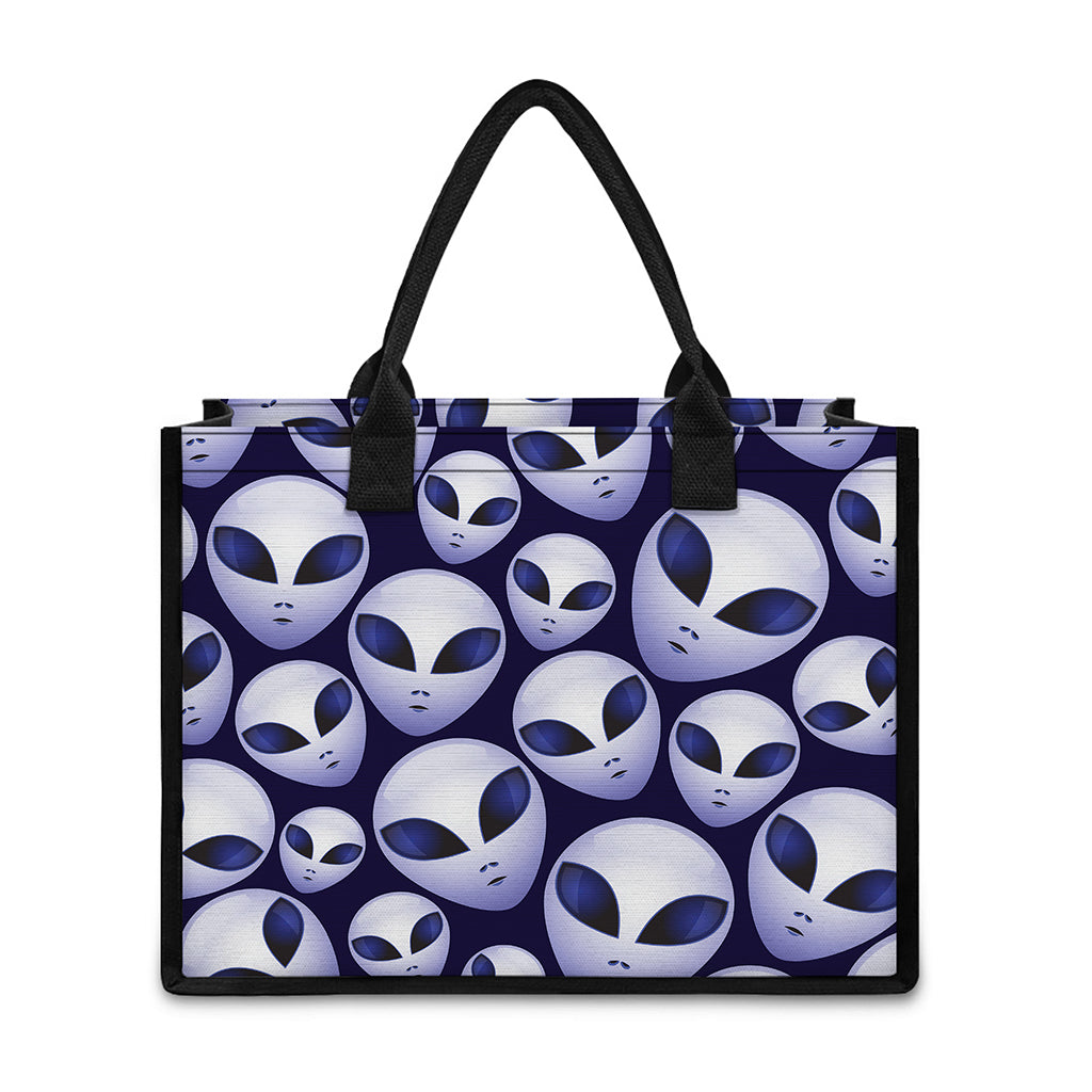 Grey Alien Face Pattern Print Canvas Tote Bag