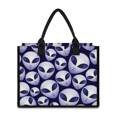 Grey Alien Face Pattern Print Canvas Tote Bag