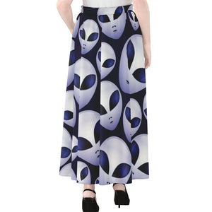 Grey Alien Face Pattern Print Chiffon Maxi Skirt