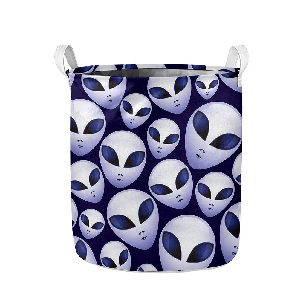 Grey Alien Face Pattern Print Collapsible Laundry Basket