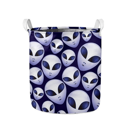 Grey Alien Face Pattern Print Collapsible Laundry Basket