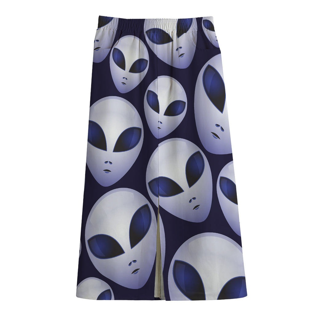 Grey Alien Face Pattern Print Cotton Front Slit Maxi Skirt