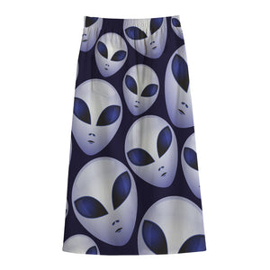 Grey Alien Face Pattern Print Cotton Front Slit Maxi Skirt