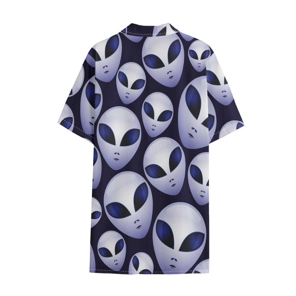 Grey Alien Face Pattern Print Cotton Hawaiian Shirt