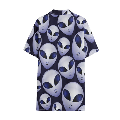 Grey Alien Face Pattern Print Cotton Hawaiian Shirt