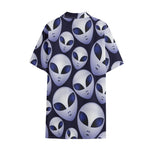 Grey Alien Face Pattern Print Cotton Hawaiian Shirt