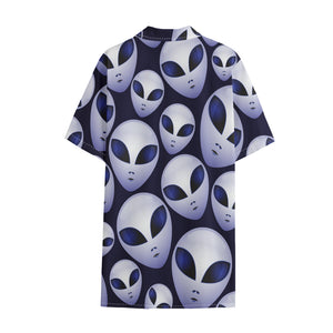 Grey Alien Face Pattern Print Cotton Hawaiian Shirt