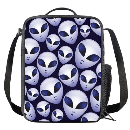 Grey Alien Face Pattern Print Crossbody Lunch Bag