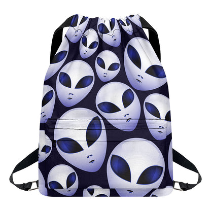 Grey Alien Face Pattern Print Drawstring Backpack