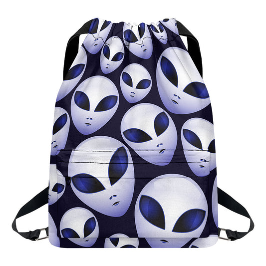 Grey Alien Face Pattern Print Drawstring Backpack