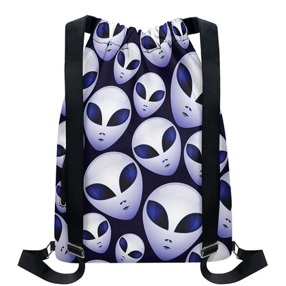 Grey Alien Face Pattern Print Drawstring Backpack
