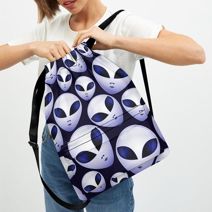 Grey Alien Face Pattern Print Drawstring Backpack