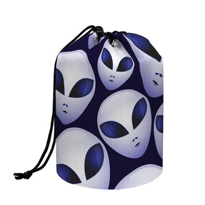 Grey Alien Face Pattern Print Drawstring Makeup Bag
