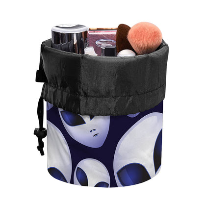 Grey Alien Face Pattern Print Drawstring Makeup Bag