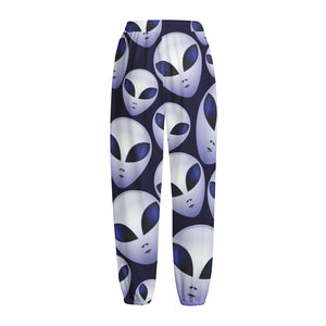 Grey Alien Face Pattern Print Fleece Lined Knit Pants