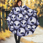Grey Alien Face Pattern Print Foldable Umbrella