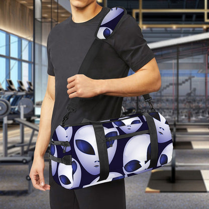 Grey Alien Face Pattern Print Gym Bag