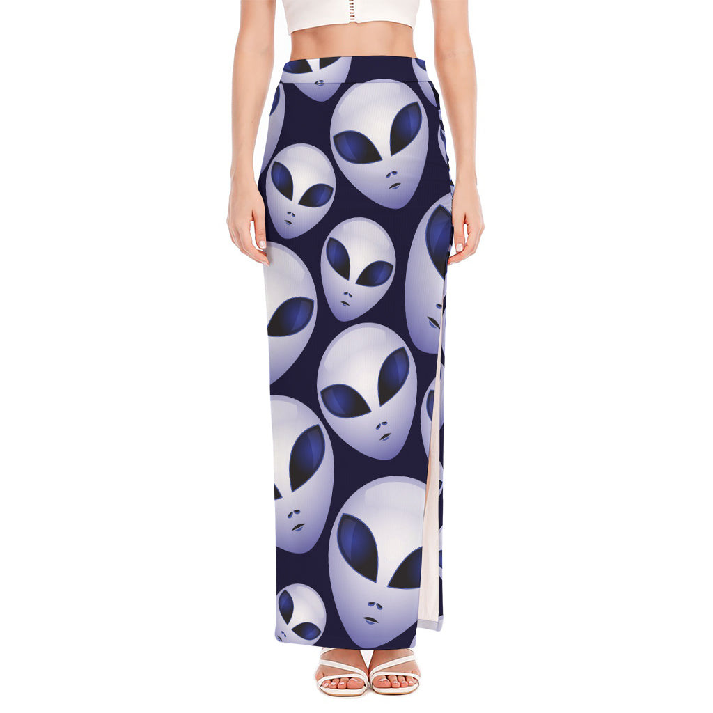 Grey Alien Face Pattern Print High Slit Maxi Skirt