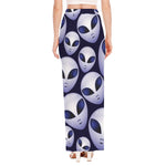 Grey Alien Face Pattern Print High Slit Maxi Skirt