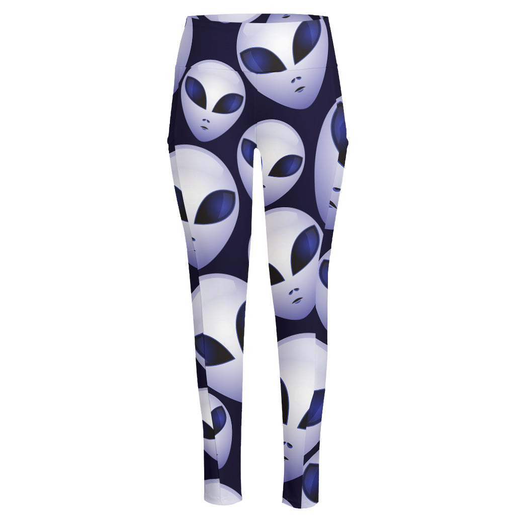 Grey Alien Face Pattern Print High-Waisted Pocket Leggings