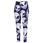 Grey Alien Face Pattern Print High-Waisted Pocket Leggings