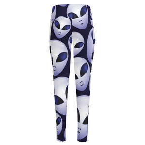 Grey Alien Face Pattern Print High-Waisted Pocket Leggings