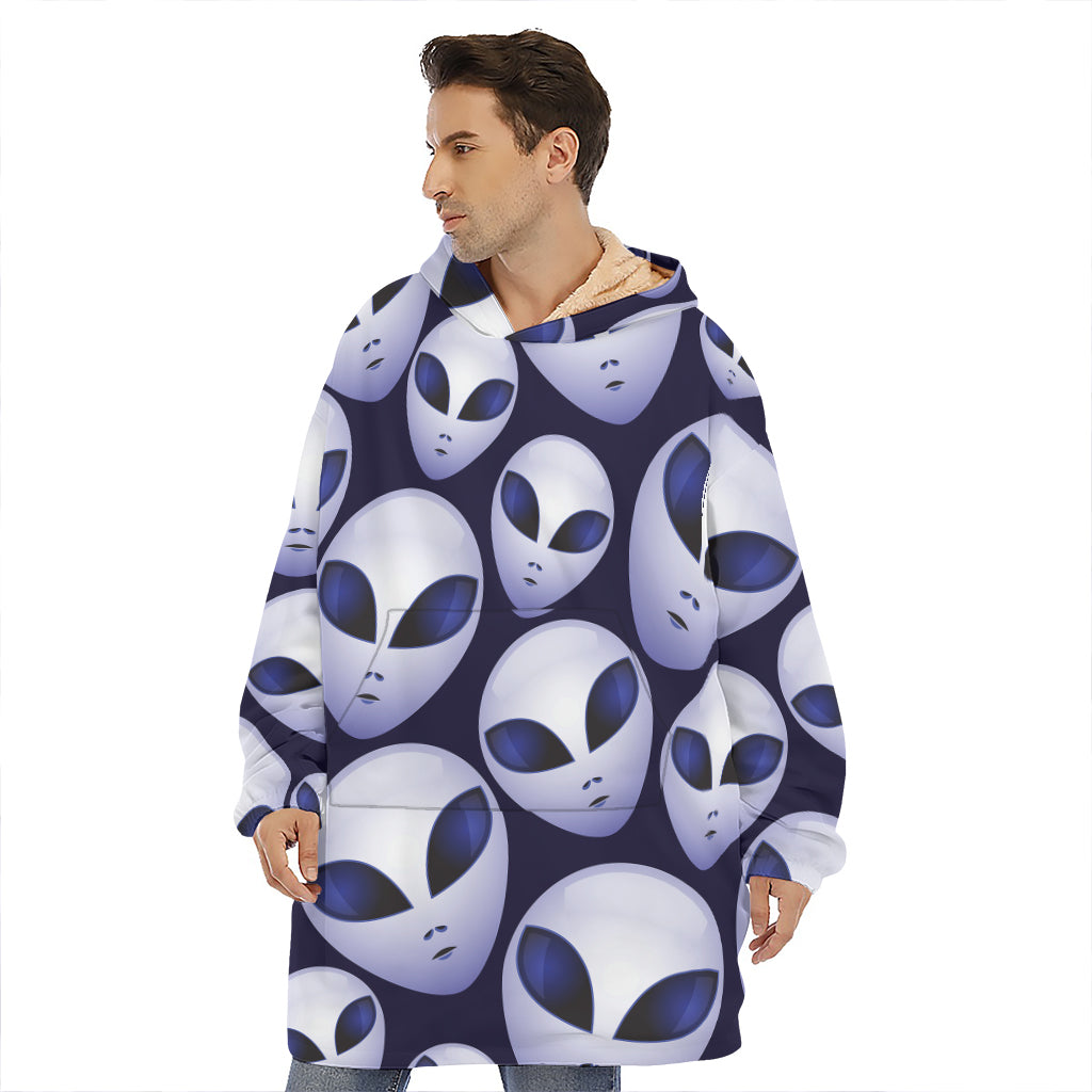 Grey Alien Face Pattern Print Hoodie Blanket