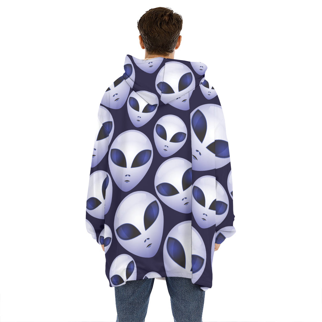 Grey Alien Face Pattern Print Hoodie Blanket