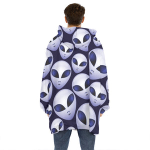 Grey Alien Face Pattern Print Hoodie Blanket