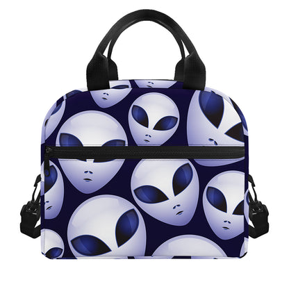 Grey Alien Face Pattern Print Insulated Lunch Bag