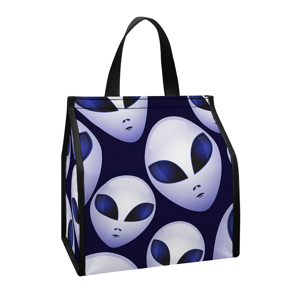 Grey Alien Face Pattern Print Insulated Lunch Tote