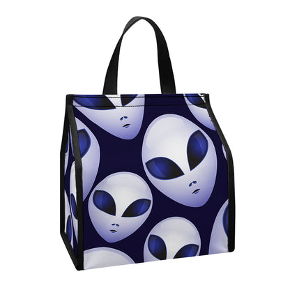 Grey Alien Face Pattern Print Insulated Lunch Tote