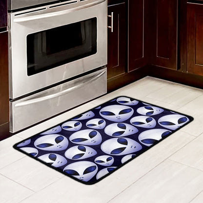 Grey Alien Face Pattern Print Kitchen Mat