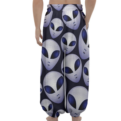 Grey Alien Face Pattern Print Lantern Pants