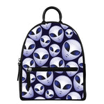 Grey Alien Face Pattern Print Leather Backpack