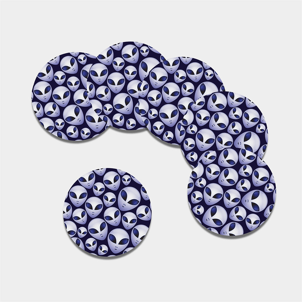 Grey Alien Face Pattern Print Leather Coaster Set