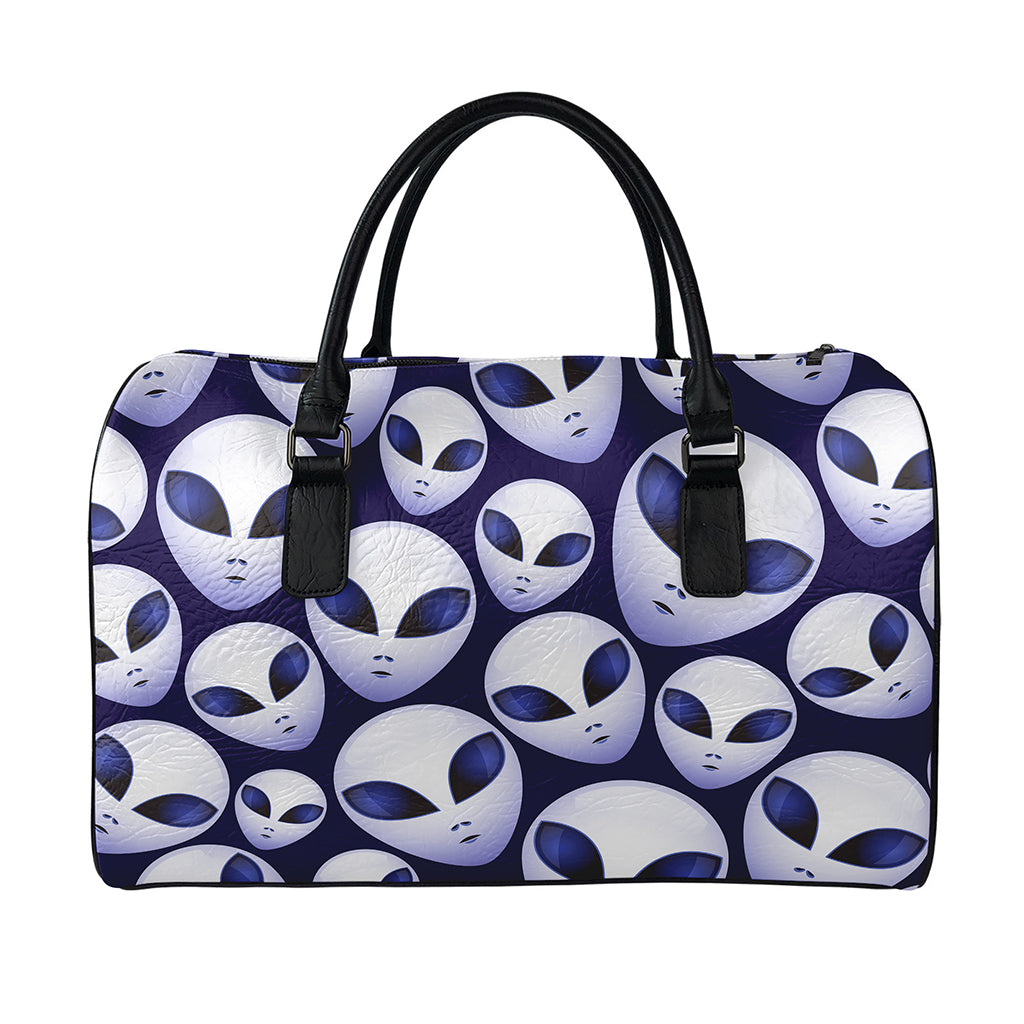Grey Alien Face Pattern Print Leather Duffle Bag