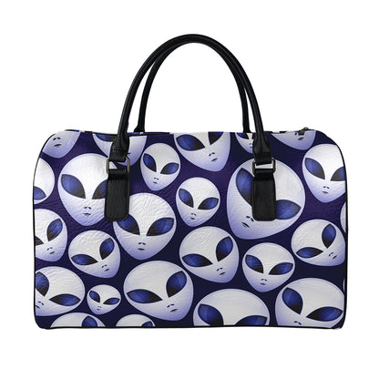 Grey Alien Face Pattern Print Leather Duffle Bag