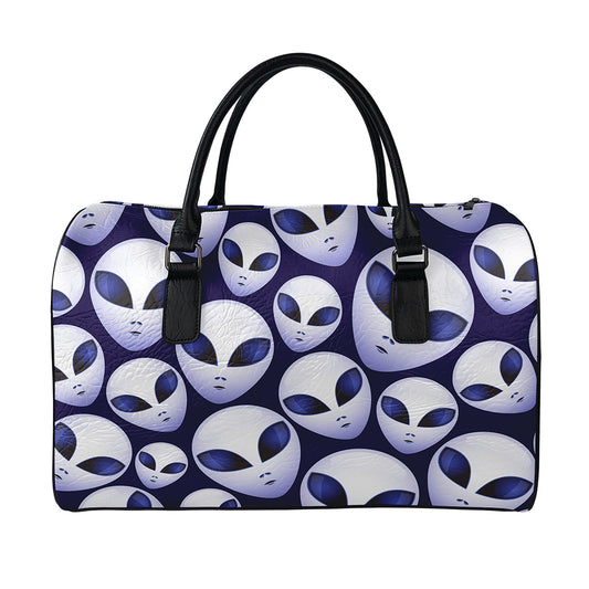 Grey Alien Face Pattern Print Leather Duffle Bag