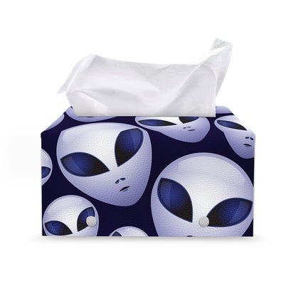 Grey Alien Face Pattern Print Leather Tissue Box Cover