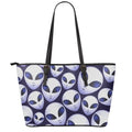 Grey Alien Face Pattern Print Leather Tote Bag With Zipper